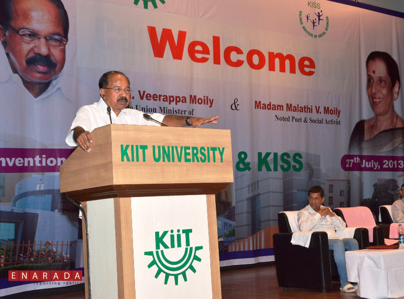 Union Minister Dr. Veerappa Moily addressing students of KIIT University.Achyuta Samanta, Founder of KIIT & KISS look on.