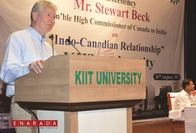 Mr. Stewart Beck, His Excellency the High Commissioner of Canada to India addresses the graduate and post-graduate students of Engineering, MCA, MBA and Law streams of KIIT University.   Dr. Achyuta Samanta, Founder of KIIT & KISS looks on 