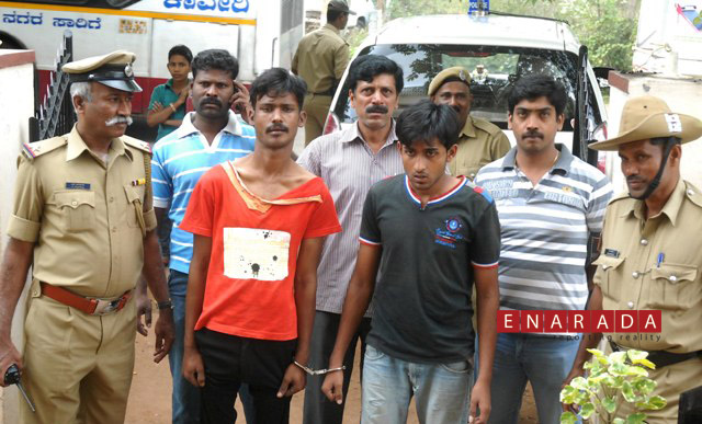 Police arresting the duo Chiranjeevi Prabhu and Darshan who are said to be students of CPC polytechnic 