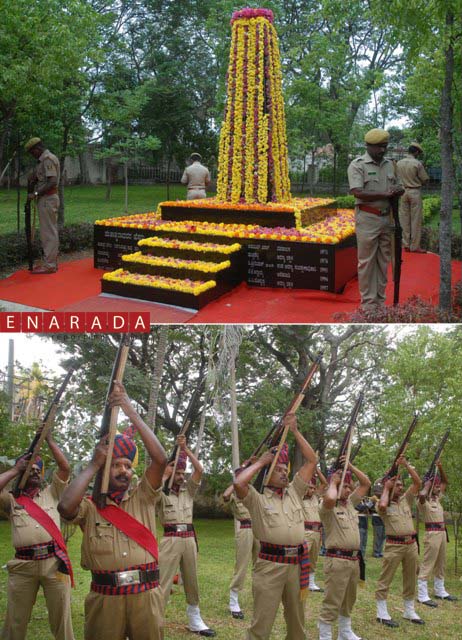 Top : Forest department  staff standing with theirs heads bowed down  at  the four corners of Martyr’s memorial to show respect to martyr’s.  Above: Forest Department personnel fired three rounds of bullets in the air as a mark of respect for martyrs. 