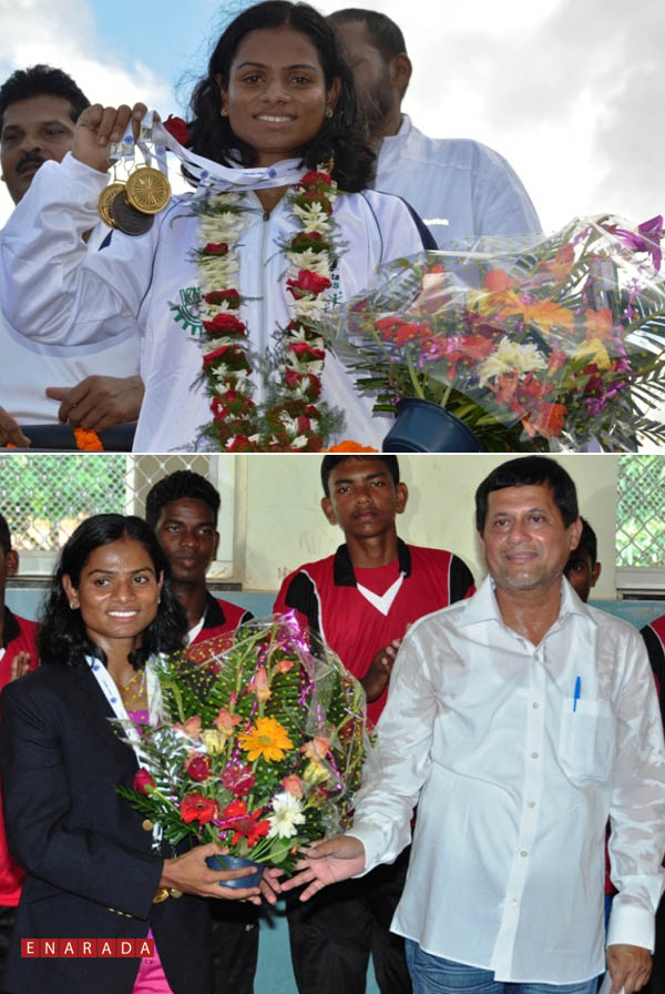 Top: Sprinter Dutee Chand, a student of School of Law, KIIT University, was given a rousing welcome upon her arrival in KIIT and KISS. She won two gold medalsin 53rd National Open Athletics Championships at Ranchi.  Bottom:Achyuta Samanta, Founder, KIIT & KISS congratulating her