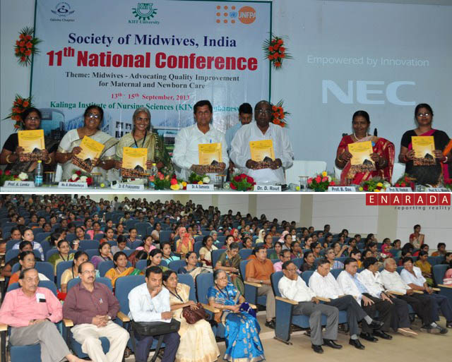 TOP: The 11th National Conference of the Society of Midwives, India (SOMI) was inaugurated by Dr. Damodar Rout, Minister, Health & Family Welfare and Micro, Small & Medium Enterprises, Govt. of Odisha (5th from left). (L TO R)Prof A. Lenka, Conference Chairperson,Ms. B. Bhattacharya, Founder President SOMI,Dr. M. Prakasamma, Director, ANSWERS, Dr. A. Samanta, Founder, KIIT & KISS;Prof. M. Venkat, Secretary SOMI; Prof. R. L. Mishra, Conference Secretary Bottom: Delegates