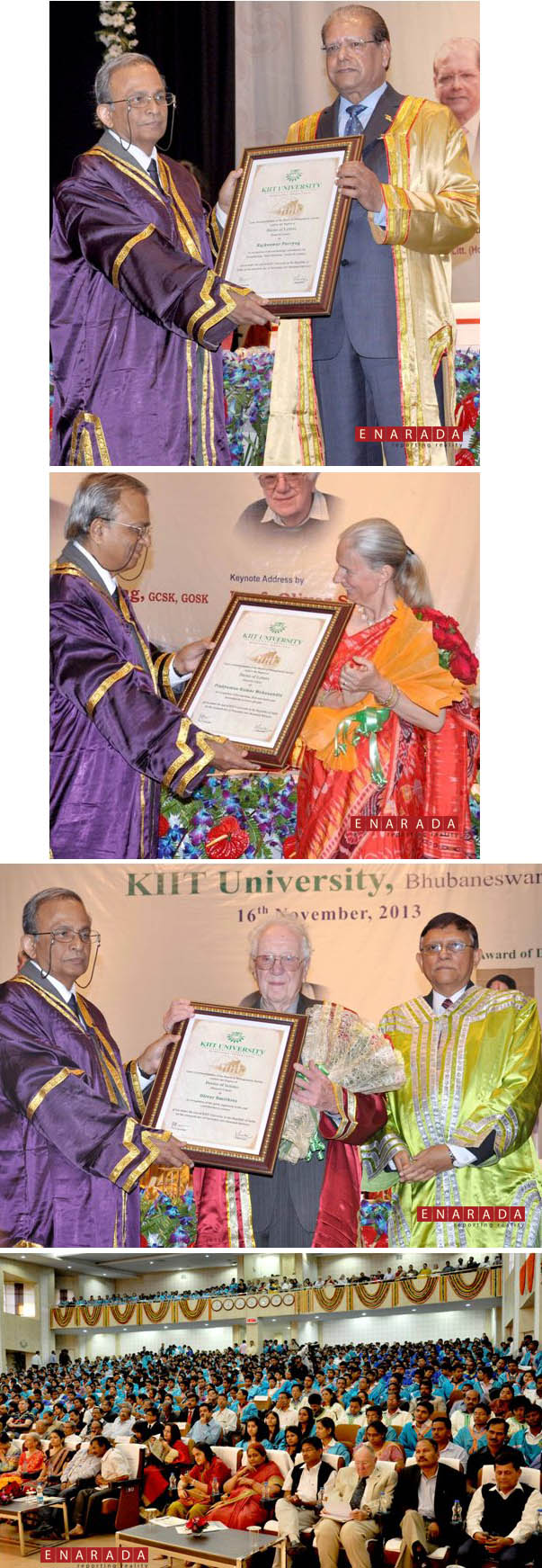 From top to Bottom: KIIT University conferred Honoris Causa Degrees of D.Litt.  on Mr. Purryag, D.Sc on  Prof. Smithies. Dr. Pradyumna Kumar Mahanandia, Eminent Artist, Sweden was also conferred degrees of D.Litt. (Honoris Causa) on the occasion. The honour was conferred in absentia and received by his wife Mrs. Ann-Charlotte Mahanandia, on his behalf. Founder of KIIT & KISS, Achyuta Samanta seated among audience